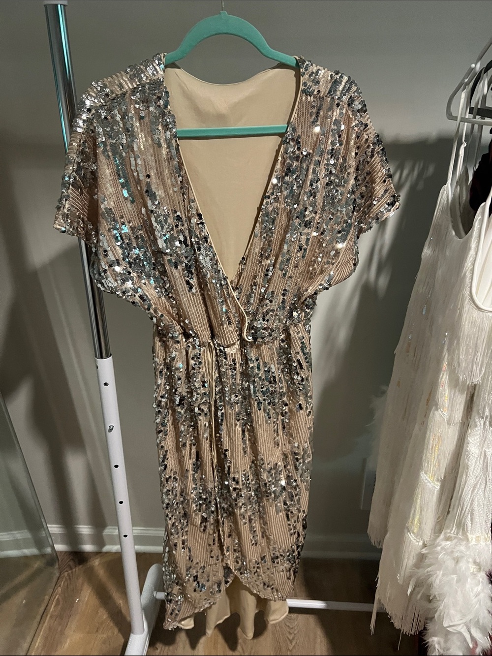 Beige Sequin Wrap Dress - Elegant Women's Evening Dress